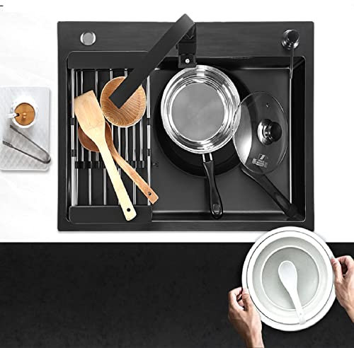 Yadlan Fregadero sobre Encimera 50x40, Fregadero Cocina 1 Seno sobre Encimera, Fregadero INOX con Escurridor, Inoxidable Fregadero Bajo Encimera Negro Empotrado con Grifo und Accesorios