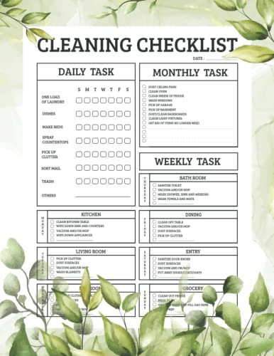 Cleaning Checklist: Daily Weekly and Monthly Cleaning Schedule Checklist Planner | Household Chores with Check Lists | House Cleaning Planner and Organizer