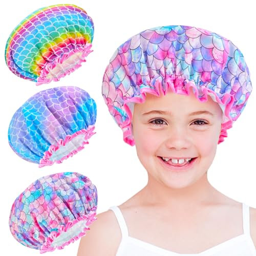 Shower Cap For Kids Toddler Girls 3 Pcs Reusable Plastic Rainbow Unicorn Shower Cap For Girls Adjustable Cute Mermaid Hair Cap Waterproof Childrens Women Head Cap For Hair