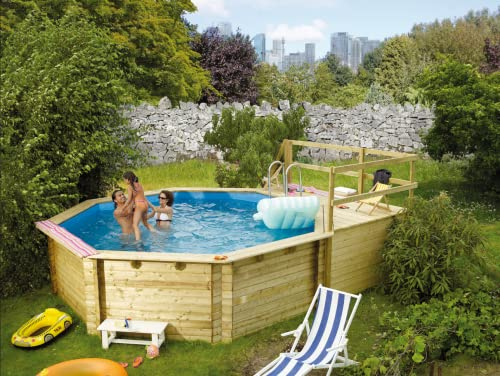 CHILLROI® Achteck Massiv Holzpool 428 x 428 x 124 cm Modell 2C | Set inkl. Sonnenterrasse 96 x 199 cm, Zubehör und Pool Leitern