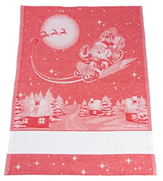 Filet - Strofinaccio Natalizio in Cotone Jaquard, Misura 81 x 57 cm, con Inserto in Tela Aida da Ricamare, Fantasia Babbo Natale sulla Slitta, Made in Italy, Colore Rosso