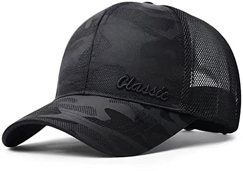 AXIAO Herren Classic Trucker Cap Camouflage Verstellbare Mesh Cap Running Caps Für Großen Kopf Übergroße Sport Caps Schnelltrocknend Basecap (Schwarz XL（60-65）)
