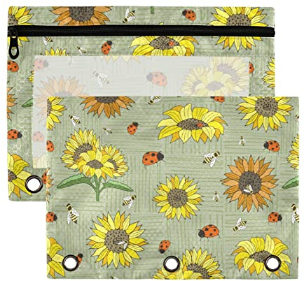 Sunflowers Bees Ladybugs Sage Green 3 Ring Binder Pencil Pouch 2 Pack klar wasserdicht Kunststoff Federmäppchen mit Reißverschluss Kosmetiktasche Büro Dokument Organizer