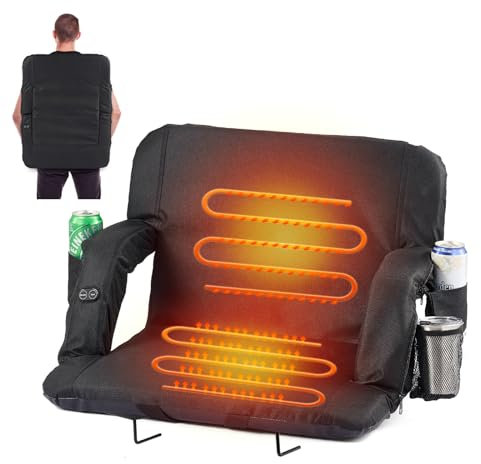 CozyGoo 21'' Heated Stadium Seats for Bleachers with Back Support, Folding Stadium Seat Bleacher Chair with 3 Level Heating, 6 Reclining Positions, 5 Pockets, for Outdoor Sports Events, 1PC