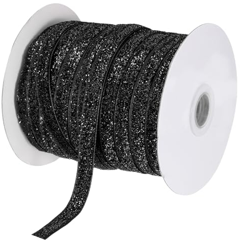 sourcing map Metallisches Glitzer-Samtband 3/8 Zoll x 50 Yard Einseitiges Glitzerband für Weihnachts-DIY-Bastelarbeiten, Geschenkverpackung, Schleifen-Dekoration, Schwarz