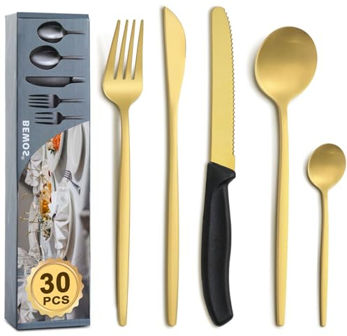 BEWOS Juego de Cubiertos de Oro de 30 Piezas con Cuchillos para Carne, Juego de Cubiertos para 6 Incluye Tenedores y Cucharas, Cubiertos Aptos para Lavavajillas, Acero Inoxidable de Grado Alimenticio