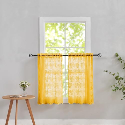 YJ YANJUN Boho-Kaffeeschrankvorhang, 2 Paneele, Spitze, Café-Vorhänge, 76,2 cm Länge, senfgelb, kurze durchsichtige Vorhänge für Schlafzimmer, kleines Badezimmer, Kellerfenstervorhänge, Retro-Küche,