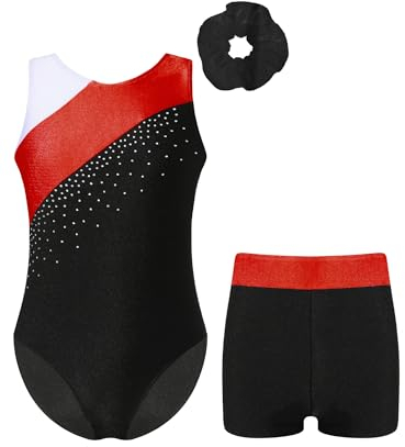Jowowha Kinder Mädchen Turnanzug Glitzer Gymnastikanzug mit Kurzer Hose Haarband Ärmellos Ballettanzug Turnen Wettbewerb Tanzkostüm Rot 146-152