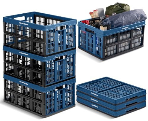 CleverMade Collapsible Utility Crates, Ocean, 3 Pack, 45L/11 Gal, 66 lbs Capacity, Stackable Containers, Heavy Duty, Space-Saving Baskets,Polypropylene (PP)