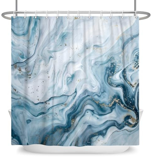 ASDCXZ Marmor Duschvorhang Blau 180x180 cm, Modern Abstrakt Blau Weiß Gold Verlauf Marmor Optik Textur Waschbar Bad Duschvorhänge Polyester Textil Wasserdicht Duschvorhang für Badewanne mit 12 Haken