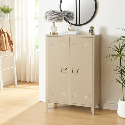[en.casa] Metallschrank Oripää Wohnzimmerschrank 110 x 75 x 33 cm Aktenschrank Werkstattschrank mit 2 Türen und 2 höhenverstellbaren Ablagen Kamelfarben