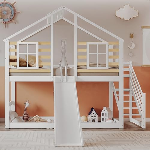 Kinderbett Etagenbett 90x200 cm, Hausbett mit Treppe & Rutsche, Baumhaus Bett mit Dach und Fenster für 2 Kinder, Spielbett Stockbett Jugendbett mit Rausfallschutz und Lattenrost, Weiß, Ohne Matratze