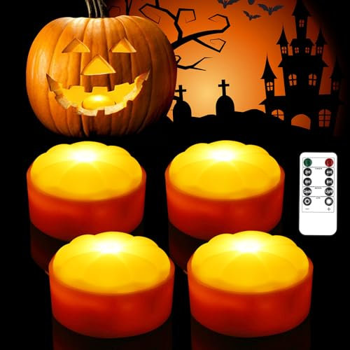 A.bigwhale LED Licht mit Fernbedienung, 4 Stück LED Jack-O-Lantern Lichter, Halloween Kürbis Lichter Lampe, Batteriebetriebene Flammenlose Kerzen, Nachtlicht, Teelichter, für Kürbis Halloween Deko