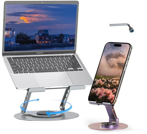 ZSAUTHREE 360°Metal Phone Holder & Rotating Adjustable Laptop Stand for Desk,Purple& Grey,Fully Foldable with Dual Rotary Shaft, Fits Cell Phone & Laptop Stand Combo fit All Laptops,Phone