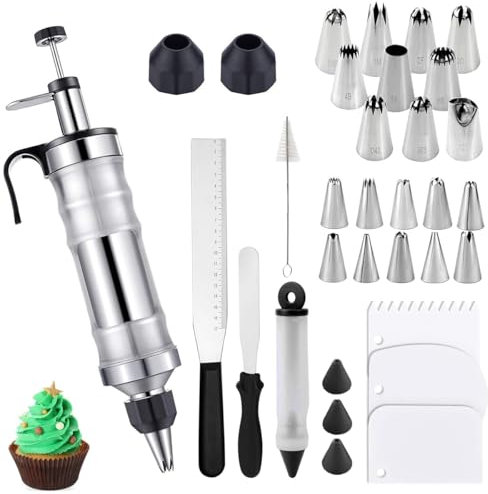 Garnish Syringe Stainless Steel, 400 ml Stainless Steel Durable Cake Syringe, Garnish Syringe Stainless Steel 34 Piece Set, Cream Syringe, Garnish Syringe Stainless Steel, with 20 Nozzles for Cupcakes