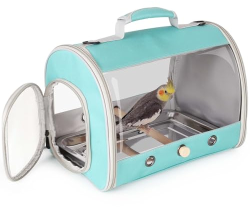 Long Tail Portable Bird Travel Carrier Cage with Metal Tray Soft Mat and Wooden Standing Perch, Hands Free Lightweight Clear 2 Windows Carry Bag for Parakeet Budgies Cockatiel Transport to Vet