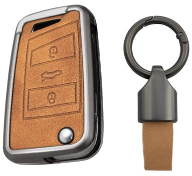 KUNIO Coque de clé de voiture compatible avec VW Golf 7 MK7 Polo T-ROC Tiguan Skoda Superb Octavia Seat Ateca Leon Ibiza Protection Alliage + Porte-clés en cuir pour clé pliante, B Marron., 3 Tasten