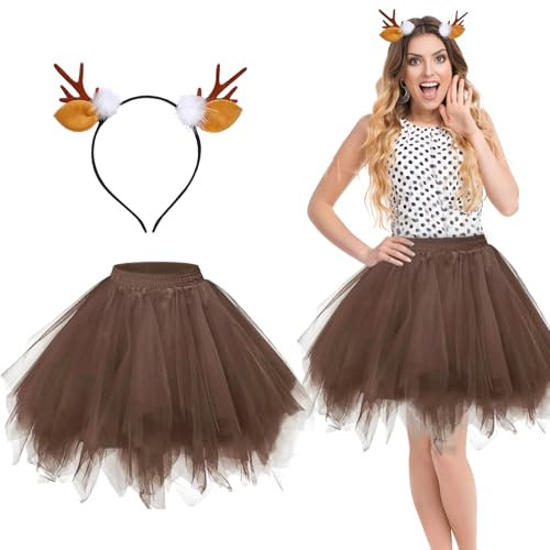 ZTBFHLZQ Damen Rentier Kostüm mit Tüllrock, Haarreif und Geweih, Braun, Einheitsgröße, Karneval, Fasching, Cosplay, Halloween