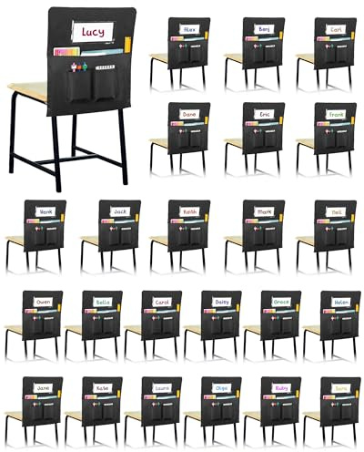 24 PCS Chair Pockets for Classroom,20x17 Large Chair Pockets,Student Chair Pockets k-2, seat Sacks for Classroom Chairs with Name Tag 24,for Classroom School Home Kindergarten Black