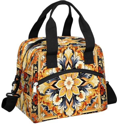 GeMeFv Lonchera térmica vintage étnica floral amarilla para mujeres y hombres, lonchera reutilizable con correa ajustable para el hombro