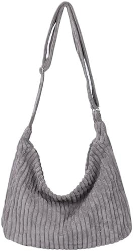 Mayoii Damen Klein Cord Hobo Tasche Breiter Gurt Umhängetasche Schultertasche Lässig Messenger Schulranzen Handtasche Tägliche Tasche (Mehrfarbig-Grau, Mittelgroße)