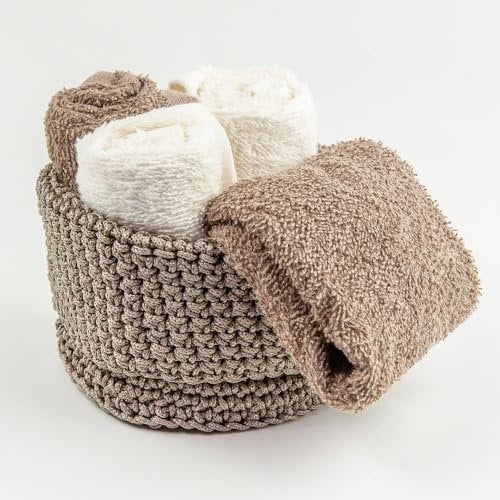 Generico Susanna Home Set 4 Lavette 30x30 - Asciugamano Ospite in Spugna di Cotone - Confezionato in elegante cestino uncinetto (TORTORA)