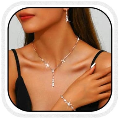 Unicra Set di gioielli da sposa in argento con strass, collana e orecchini, set di gioielli alla moda, per donne e spose, misura unica, Lega di acciaio, Nessuna pietra preziosa