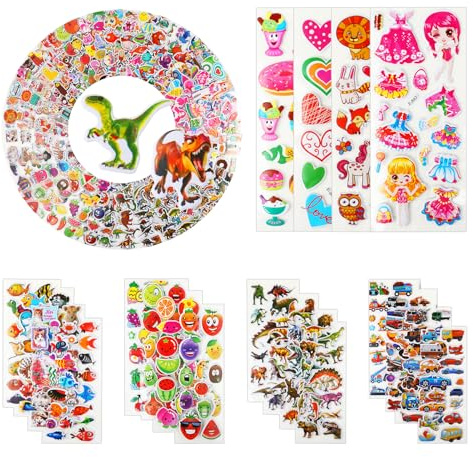 Kieyeepi 2000+ 3D Puffy Aufkleber für Kinder – 100 Bögen mit Tieren, Dinosauriern, Autos, Früchten & mehr – Bunte Sticker für Scrapbooking, Basteln, Belohnungen & Partys – 21 × 7,5 cm