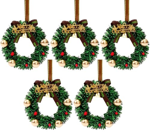 5 Stück Mini Weihnachtskranz Girlande, Künstliche Jingle Glocke Girlanden, Miniatur Weihnachtskranz, Weihnachtsschmuck Kranz für Puppenhaus Garten Dekoration, Puppenstube Weihnachten Ornamente