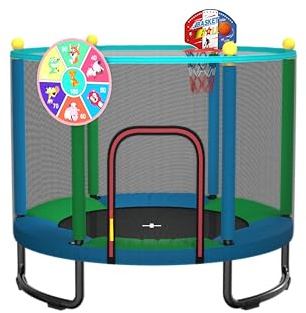 MaxBinTon Kindertrampolin 150 cm für drinnen und draußen – mit Sicherheitsnetz, Basketballkorb, robuster Sprungmatte, ideales Geburtstags Jungen und Mädchen