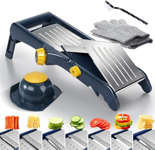 Masthome Mandoline Vegetable Slicer, 10-in-1 Adjustable Thickness Cutting | Stainless-Steel Blades, Dishwasher Safe, Non Slip Base, Cut Resistant Gloves and Cleaning Brush, for Kitchen Vegetable Fruit