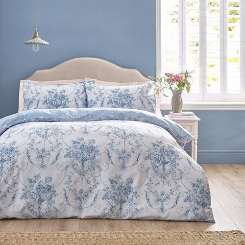 Catherine Lansfield Antoinette Damast-Bettwäsche-Set mit Kissenbezug, wendbar, für Einzelbett, Blau