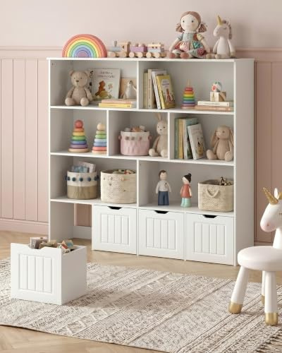 Amveya Contenitore Giochi Bambini, Libreria Bambini, Libreria Bianca con 4 cassetti rimovibili, Porta Giochi Bambini Contenitori con 7 compartimenti aperti (125.5x33x118 cm)