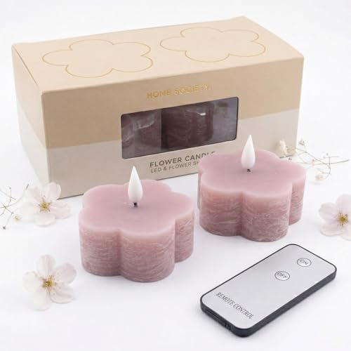 LED Kerzen Blumenform 2er Set Rosa aus Echtwachs mit Timer & Fernbedienung | Flammenlose LED Echtwachskerzen in Blütenform mit Fernbedienung & Timer – dekorative Kerzen für Büro und Zuhause