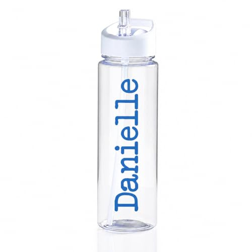 Just Giftz Personalised Clear Water Bottle 750ml, BPA-Free, Flip Straw | Transparent body with carry loop and flip-top straw lid, custom-printed name, ideal for kids, school, gym and travel.
