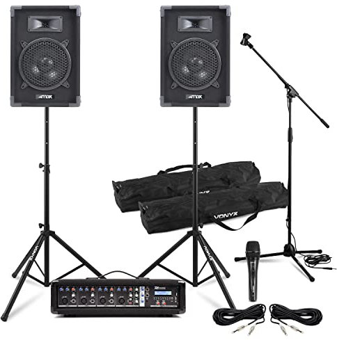Compact PA System for Bands and Singers – 8 800W Passive Speakers, 4-Channel Bluetooth Mixer Amp, Mic Set, Cables & Stands, Live Sound Kit for Performers, Churches, Events, Rehearsals