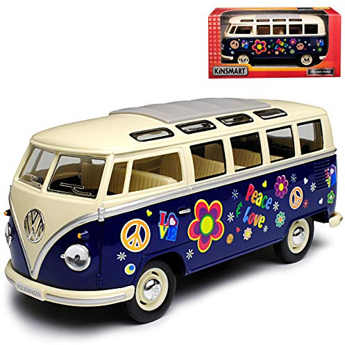 Kinsmart Volkwagen T1 Blau mit Beige Samba Bully Bus Flower Power 1950-1967 1/24 Modell Auto mit individiuellem Wunschkennzeichen