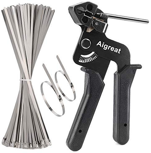 Metal Cable Tie Tool kit, Aigreat Stainless Steel Cable Tie Gun Adjustable Tensioning and Cutting Tool with 200pcs 304 Self-Locking Stainless Steel Cable Ties of Sizes 4.6x270mm