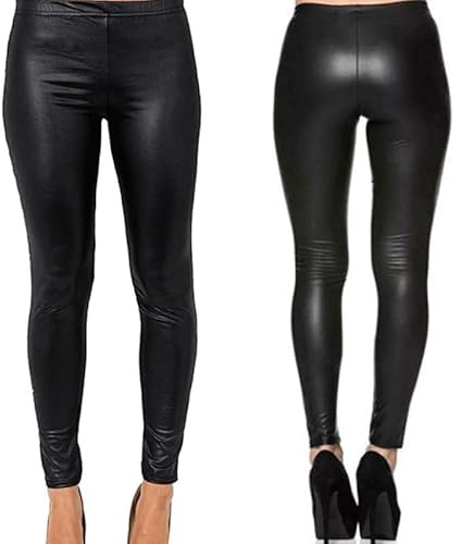R&N FASHIONS Women’s Black Wet Look PVC Leggings, High Rise, Elasticated Waist, Sexy Shiny Faux Leather Look, Comfortable Pull-On Style, Fashionable Stretchy Tights (Black, 12-14)