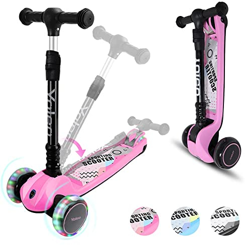 YOLEO Kinderoller Kinderscooter Dreiradscooter mit LED Räder, Reaktionsschnelle Bremsen,4 Höhenverstellbare, Faltbar Lenker, 50kg Belastbar, für Kleinkinder Jungen Mädchen, ab 3 Jahre (Rosa)