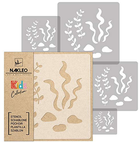 NAKLEO Wiederverwendbare Kunststoff Schablonen Malen Kinder, 5 Stück Set 9x9 bis 34x34cm Meeresalgen Algen Aquarium, Kinderzimmer Malvorlage Raumdekoration, Basteln DIY Wand Möbel