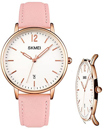 SKMEI Damen-Armbanduhr, Lederband, großes Zifferblatt, wasserdicht, dünn, minimalistisch, modisch, lässig, analog, Quarz, mit Datumsanzeige, Pink, Minimalistisch