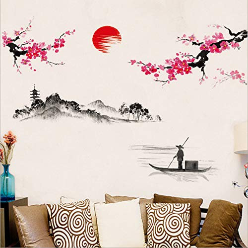Sticker Mural Floral, Fleur Cerisier Rose Japonais Des Oiseaux Pêche Fleurs Fleurs Style Pastoral Décalques Mural Pour Le Salon Décor