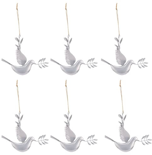JYCRA 6 Stück friedliche weiße fliegende Taube, 19,6 cm, Friedenstaube, Ornament, hängende Ornamente, Weihnachtsbaumschmuck, Metall, flache Tauben, Anhänger, Dekoration