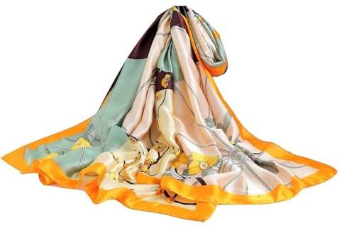 Silk Scarf Women Green Shawl Stain Neckerchief Head Wraps Thin Scarf Ladies Beach Shawl Vintage Painting Bridal Belt Chiffon Scarf Muslim Colourful Cloth Birthday gifts (Yellow-l)