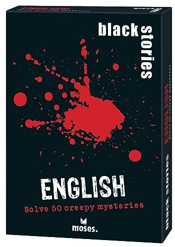 moses Black Stories English - 50 Creepy Mysteries, English, Crime Cards in a with Two Variations, Puzzle Game for Teens and Adults, 90057, White, Medium