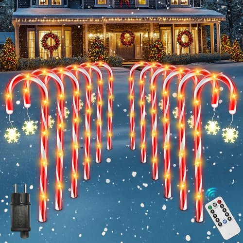 FLSEPAMB 12 Pack Weihnachten Zuckerstangen 8 Beleuchtungsmodi,80 LED Zuckerstangen Beleuchtet Außen mit Schneeflocke,Remote/IP65 Zuckerstangen Lichterkette Aussen,Zuckerstangen Lichterkette im Freien