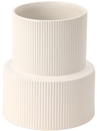 YANWE1 Grand vase à fleurs en céramique blanche - Décoration bohème moderne - Herbe de la pampa nervurée - Pour salon, bureau, cheminée, étagère, table à manger - 19,1 cm