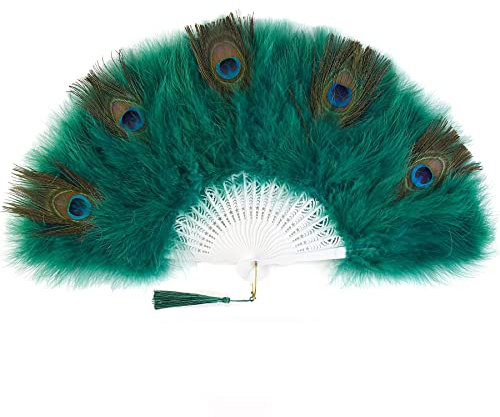 Egurs 1920s Marabou Feather Fan Vintage Style Peacock Handheld Folding Fan Flapper Hand Fans for 20s Vintage Gatsby Party Wedding Halloween Dancing Show Tea Party Costume Decoration green