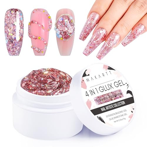 Makartt Solid Builder Nail Gel, 3D Gel Nail Art 4 in 1 Non-sticky for Extension UV Glue for Acrylic Nails Rhinestones 3D Sculpture Hard Gels UV/LED Lamp Required Roseate Radiance 15ml